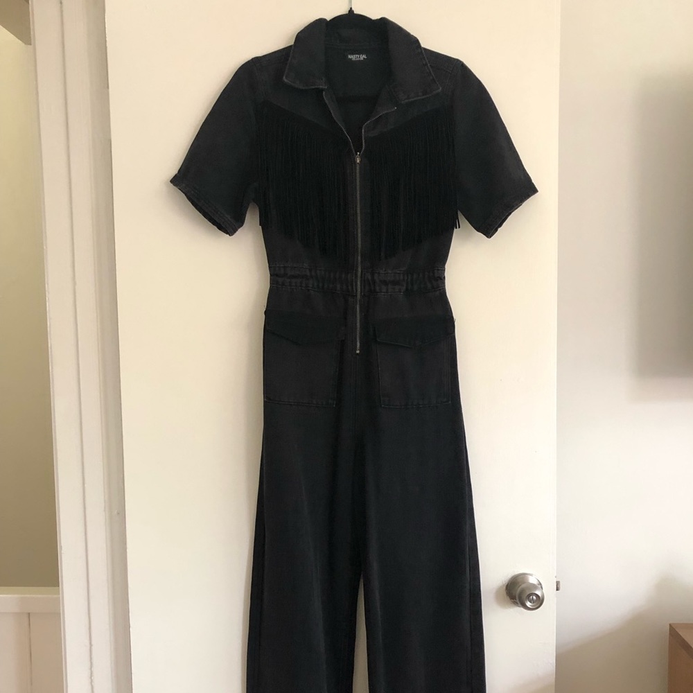 Nasty Gal Black Denim Fringe Jumpsuit